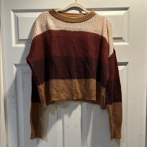 Others Follow Tan Chunky Stripe Loose Knit Oversized Crop Sweater M Fuzzy